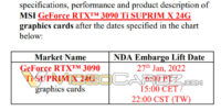 VideoCardz: MSI:n dokumentti varmistaa GeForce RTX 3090 Ti:n myyntiintulon 27. tammikuuta