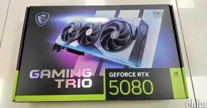 MSI:n GeForce RTX 5080 Gaming Trio -näytönohjaimen myyntipakkauksesta vuodettiin kuvia